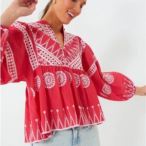 Oliphant Soleil Red Mandarin Balloon Sleeve Top Size S